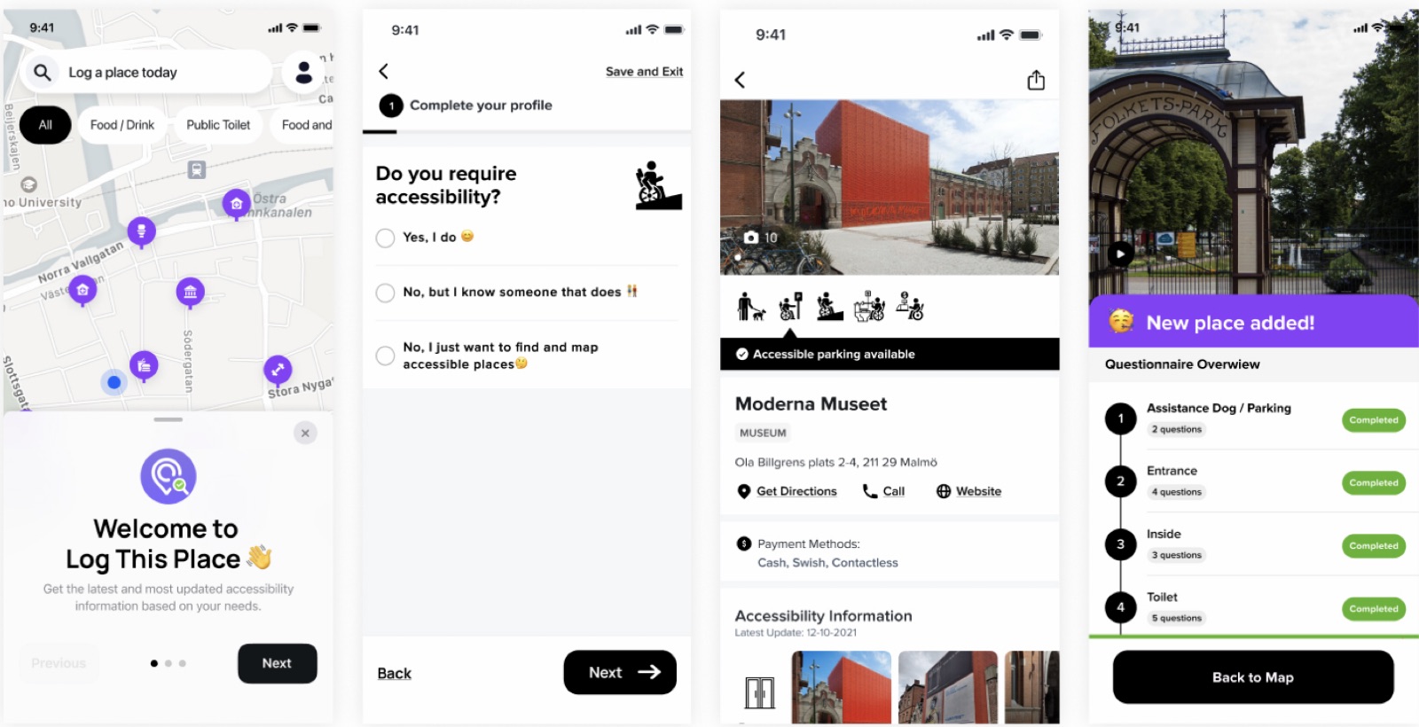 Four screens of Log this Place: the map with accessibility pins, onboarding, a place page for Moderna Museet, and a completed accessibility questionnaire